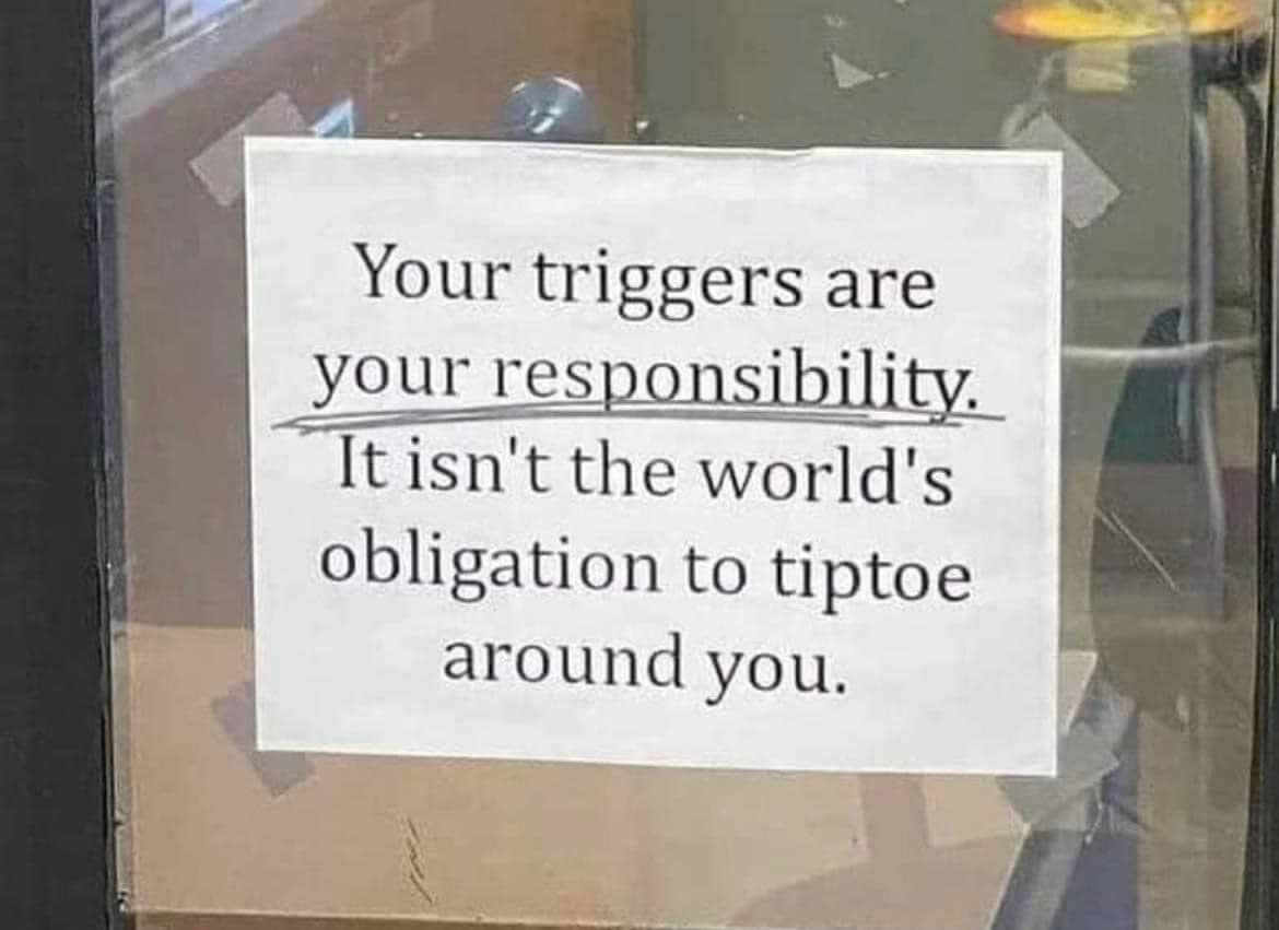 The meme is a humorous take on the concept of personal responsibility. A white sheet of paper is stuck to a glass door with a handwritten note that reads: "Your triggers are your responsibility. It isn't the world's obligation to tiptoe around you."